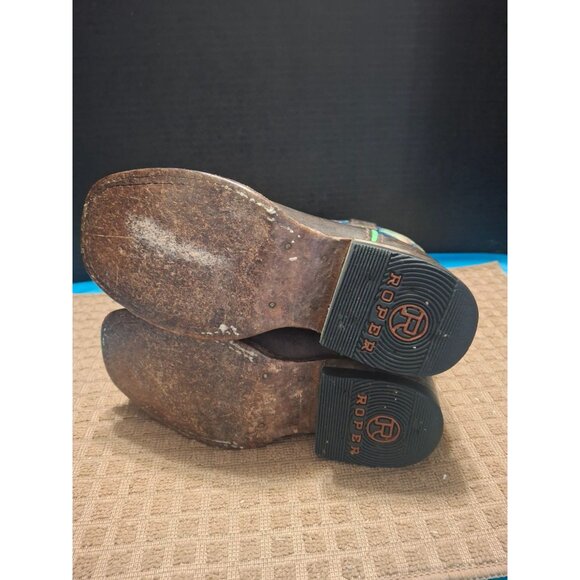 Roper Boys Western Leather Boots Size 9 Blue & Green Embroidered Handmade In Mex - Picture 8 of 9